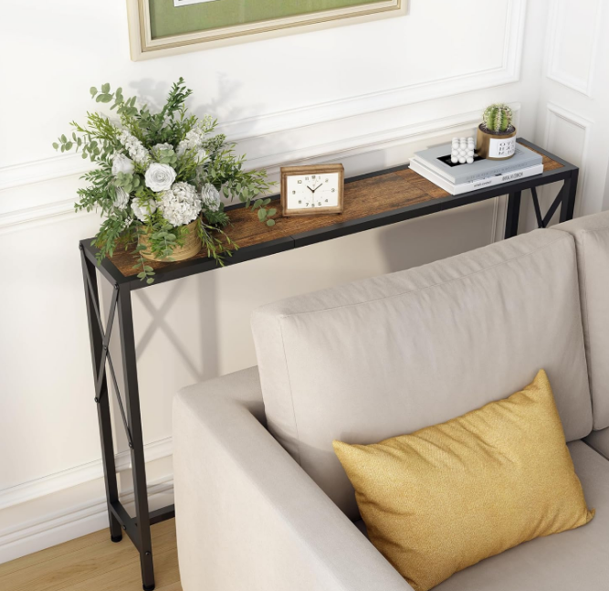 Console Table with 2 AC Oulets & 2 USB Ports, Narrow Sofa Table, Entryway Table, Industrial Sofa Table for Hallway, Living Room, Bedroom, Long Console Table, 6.5 Feet Power Cord