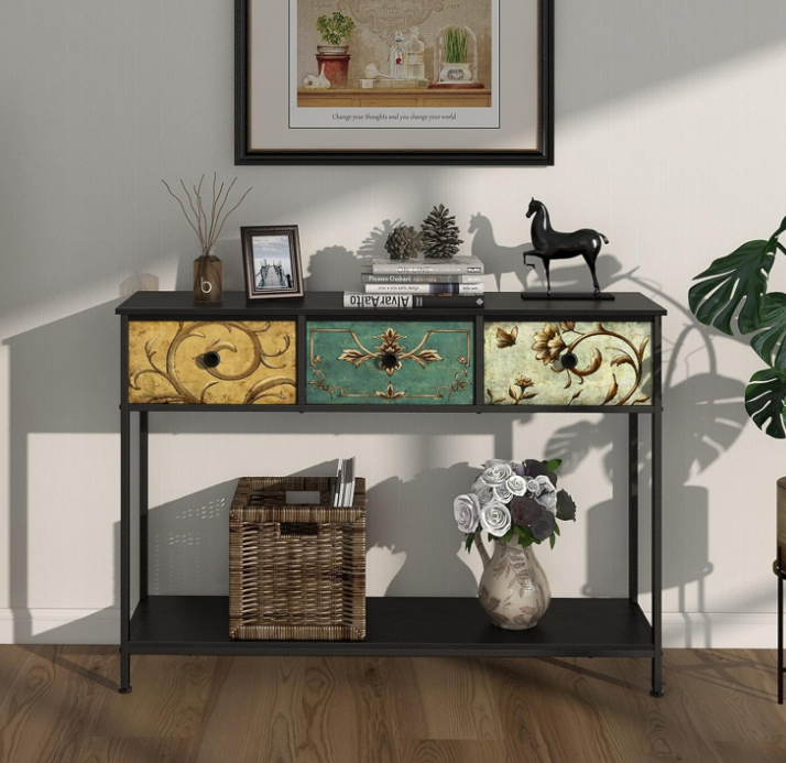 Entryway Console Table with 3 Retro Flowers Fabric Drawers Boho Narrow Long Behind Couch Farmhouse Sofa Table with Bottom Open Storage Shelf for Hallway Living Room Foyer (Black, 3 Drawers)