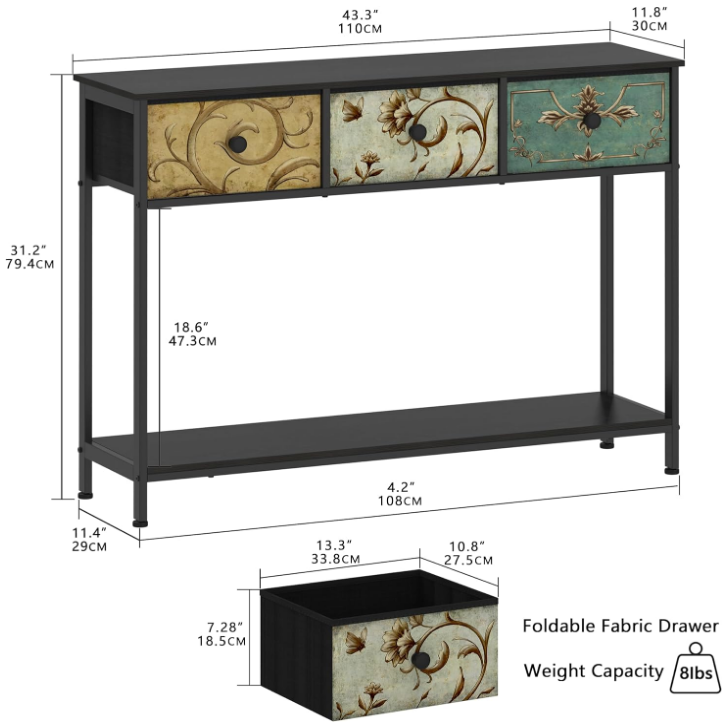 Entryway Console Table with 3 Retro Flowers Fabric Drawers Boho Narrow Long Behind Couch Farmhouse Sofa Table with Bottom Open Storage Shelf for Hallway Living Room Foyer (Black, 3 Drawers)