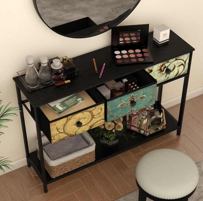 Entryway Console Table with 3 Retro Flowers Fabric Drawers Boho Narrow Long Behind Couch Farmhouse Sofa Table with Bottom Open Storage Shelf for Hallway Living Room Foyer (Black, 3 Drawers)