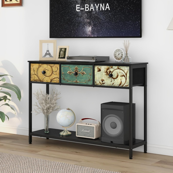 Entryway Console Table with 3 Retro Flowers Fabric Drawers Boho Narrow Long Behind Couch Farmhouse Sofa Table with Bottom Open Storage Shelf for Hallway Living Room Foyer (Black, 3 Drawers)