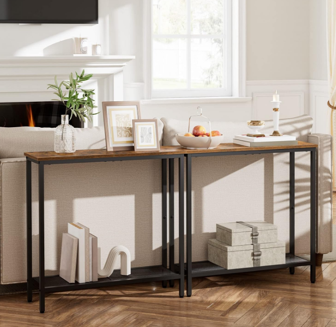 29.5" Narrow Console Table, Small Entryway Table with Shelf, 2 Tier Thin Sofa Table, Side Table, Display Table, for Hallway, Living Room, Bedroom, Rustic Brown and Black BF74XG01