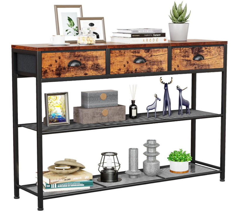 Entryway Table, 38'' Console Sofa Table with 3 Fabric Drawers, Industrial Entry Way Table with Storage Shelves, Display Shelf for Living Room, Hallway, Entrance, Foyer, Rustic Brown