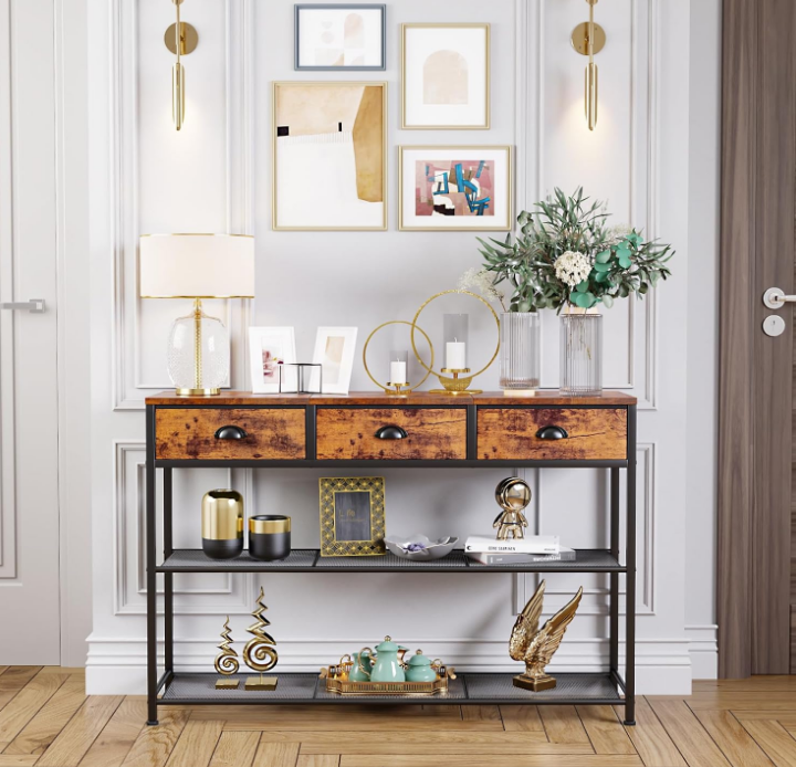 Entryway Table, 38'' Console Sofa Table with 3 Fabric Drawers, Industrial Entry Way Table with Storage Shelves, Display Shelf for Living Room, Hallway, Entrance, Foyer, Rustic Brown