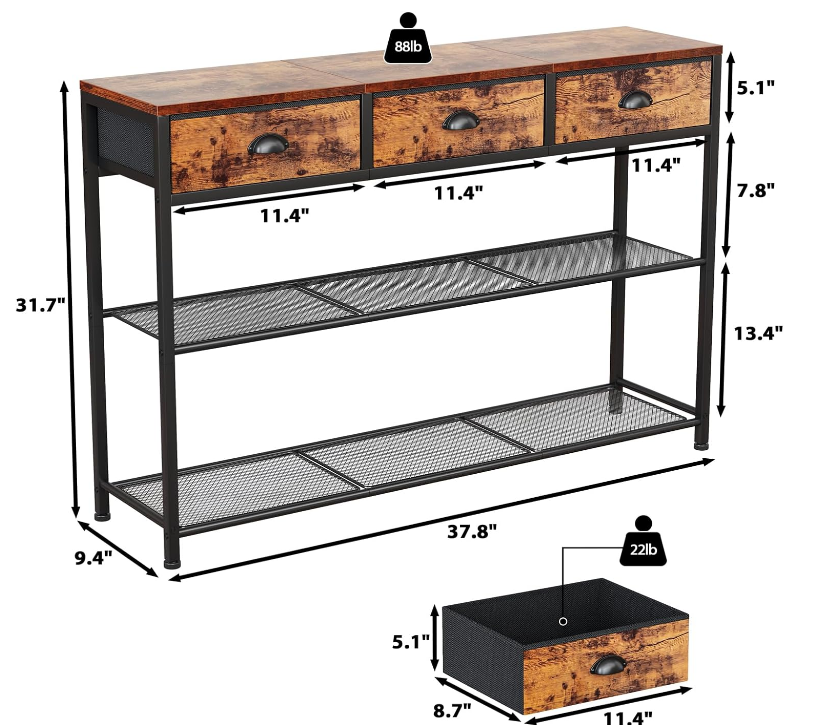 Entryway Table, 38'' Console Sofa Table with 3 Fabric Drawers, Industrial Entry Way Table with Storage Shelves, Display Shelf for Living Room, Hallway, Entrance, Foyer, Rustic Brown