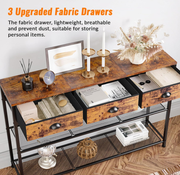 Entryway Table, 38'' Console Sofa Table with 3 Fabric Drawers, Industrial Entry Way Table with Storage Shelves, Display Shelf for Living Room, Hallway, Entrance, Foyer, Rustic Brown