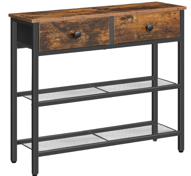29.5" Narrow Console Table with 2 Fabric Drawers, Small Entryway Table with 3-Tier Storage Shelves, Thin Sofa Table, Side Table, for Living Room, Hallway, Rustic Brown and Black