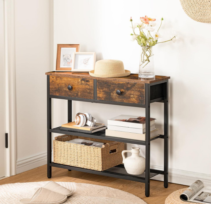 29.5" Narrow Console Table with 2 Fabric Drawers, Small Entryway Table with 3-Tier Storage Shelves, Thin Sofa Table, Side Table, for Living Room, Hallway, Rustic Brown and Black