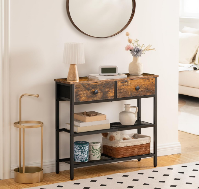 29.5" Narrow Console Table with 2 Fabric Drawers, Small Entryway Table with 3-Tier Storage Shelves, Thin Sofa Table, Side Table, for Living Room, Hallway, Rustic Brown and Black