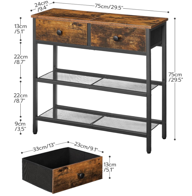 29.5" Narrow Console Table with 2 Fabric Drawers, Small Entryway Table with 3-Tier Storage Shelves, Thin Sofa Table, Side Table, for Living Room, Hallway, Rustic Brown and Black