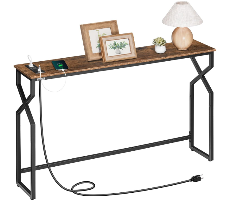 Sofa Console Table, 44.9" Entryway Table with Power Station, Narrow Couch Table, Hallway Table, Sofa Table with USB Ports, Metal Frame, for Entrance, Living Room, Rustic Brown