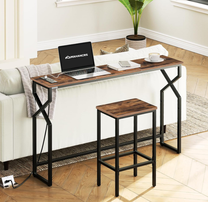 Sofa Console Table, 44.9" Entryway Table with Power Station, Narrow Couch Table, Hallway Table, Sofa Table with USB Ports, Metal Frame, for Entrance, Living Room, Rustic Brown