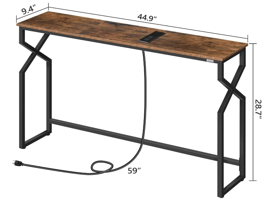 Sofa Console Table, 44.9" Entryway Table with Power Station, Narrow Couch Table, Hallway Table, Sofa Table with USB Ports, Metal Frame, for Entrance, Living Room, Rustic Brown