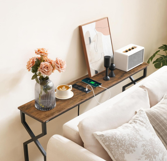Sofa Console Table, 44.9" Entryway Table with Power Station, Narrow Couch Table, Hallway Table, Sofa Table with USB Ports, Metal Frame, for Entrance, Living Room, Rustic Brown
