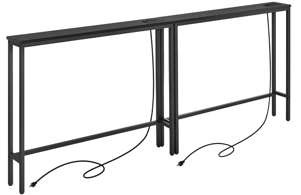2 Pack 5.9" Narrow Console Sofa Table with Power Outlets, 5.9" Dx39.4 Wx31.1 H Long Black Behind Couch Table with Metal Frame and Charge Station with 6.5’ Extension Cord
