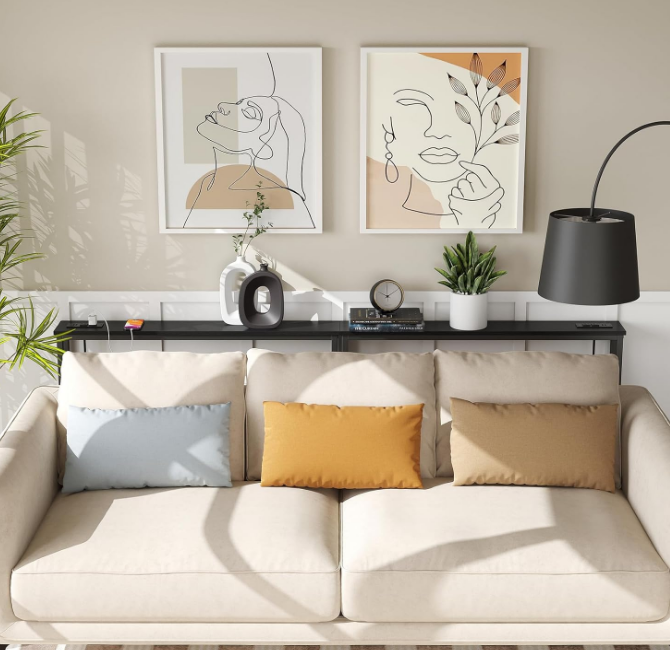 2 Pack 5.9" Narrow Console Sofa Table with Power Outlets, 5.9" Dx39.4 Wx31.1 H Long Black Behind Couch Table with Metal Frame and Charge Station with 6.5’ Extension Cord