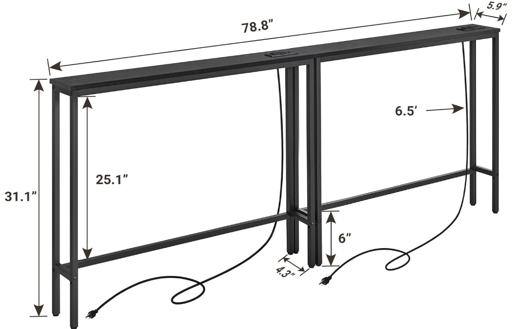 2 Pack 5.9" Narrow Console Sofa Table with Power Outlets, 5.9" Dx39.4 Wx31.1 H Long Black Behind Couch Table with Metal Frame and Charge Station with 6.5’ Extension Cord
