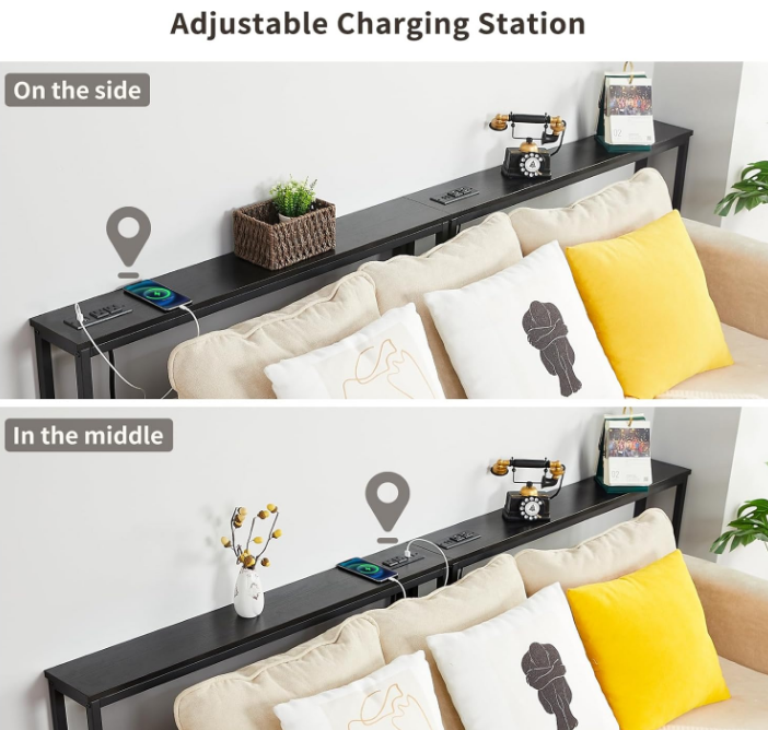 2 Pack 5.9" Narrow Console Sofa Table with Power Outlets, 5.9" Dx39.4 Wx31.1 H Long Black Behind Couch Table with Metal Frame and Charge Station with 6.5’ Extension Cord