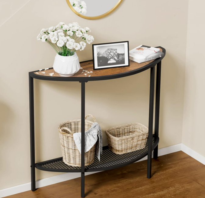 Console Table 2 Tier Narrow Entryway Table with Storage Half Moon Sofa Couch Table Mid Century Modern Small Entry Way Tables , Easy Assembly, Dark Walnut Top