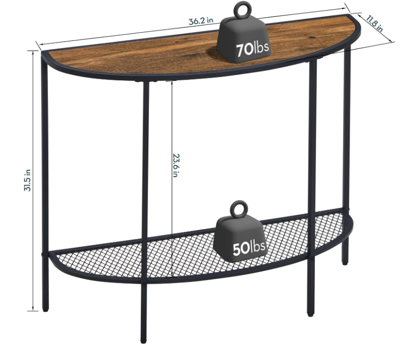 Console Table 2 Tier Narrow Entryway Table with Storage Half Moon Sofa Couch Table Mid Century Modern Small Entry Way Tables , Easy Assembly, Dark Walnut Top