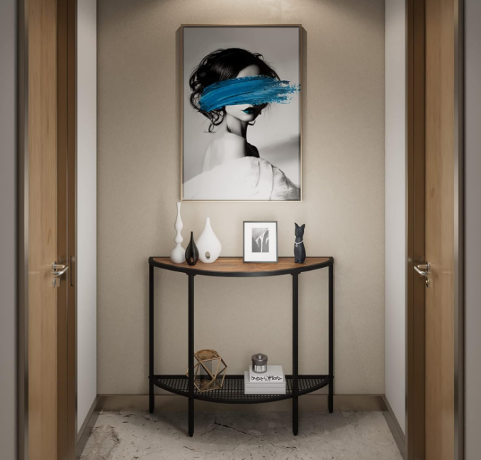 Console Table 2 Tier Narrow Entryway Table with Storage Half Moon Sofa Couch Table Mid Century Modern Small Entry Way Tables , Easy Assembly, Dark Walnut Top