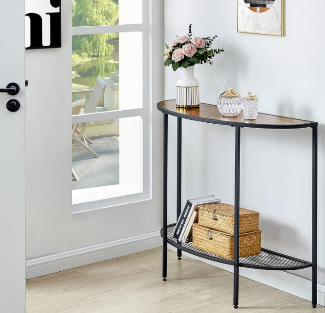 Console Table 2 Tier Narrow Entryway Table with Storage Half Moon Sofa Couch Table Mid Century Modern Small Entry Way Tables , Easy Assembly, Dark Walnut Top