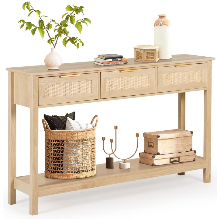 Rattan Console Table Boho Entryway Table Narrow Long Sofa Table Hallway Foyer Table Behind Couch Table with 3 Drawers and Open Storage Shelf for Living Room and Corridor Natural Wood