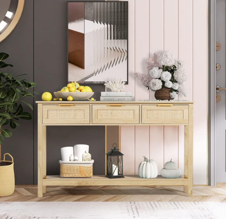 Rattan Console Table Boho Entryway Table Narrow Long Sofa Table Hallway Foyer Table Behind Couch Table with 3 Drawers and Open Storage Shelf for Living Room and Corridor Natural Wood