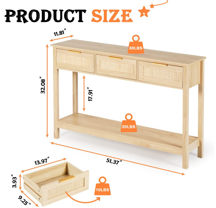 Rattan Console Table Boho Entryway Table Narrow Long Sofa Table Hallway Foyer Table Behind Couch Table with 3 Drawers and Open Storage Shelf for Living Room and Corridor Natural Wood