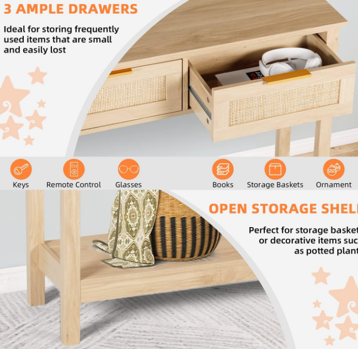 Rattan Console Table Boho Entryway Table Narrow Long Sofa Table Hallway Foyer Table Behind Couch Table with 3 Drawers and Open Storage Shelf for Living Room and Corridor Natural Wood