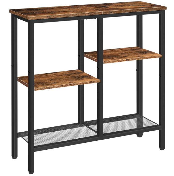 Console Table, Narrow Side Table, Sofa Table, 4-Tier Industrial Hallway Table with Metal Mesh Shelf and Adjustable Feet, for Entryway, Living Room, Hallway, Rustic Brown and Black