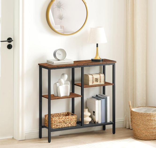 Console Table, Narrow Side Table, Sofa Table, 4-Tier Industrial Hallway Table with Metal Mesh Shelf and Adjustable Feet, for Entryway, Living Room, Hallway, Rustic Brown and Black