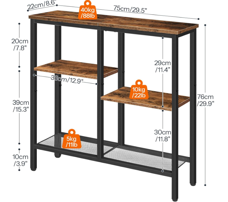 Console Table, Narrow Side Table, Sofa Table, 4-Tier Industrial Hallway Table with Metal Mesh Shelf and Adjustable Feet, for Entryway, Living Room, Hallway, Rustic Brown and Black