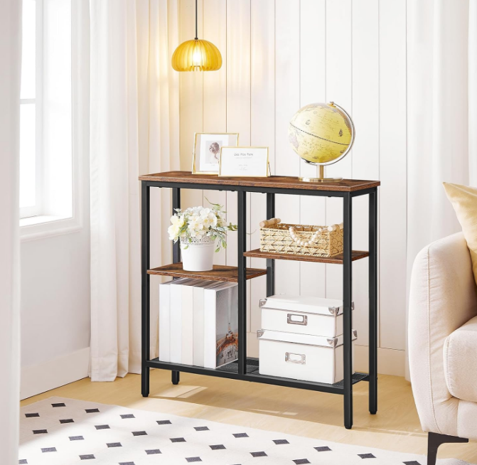 Console Table, Narrow Side Table, Sofa Table, 4-Tier Industrial Hallway Table with Metal Mesh Shelf and Adjustable Feet, for Entryway, Living Room, Hallway, Rustic Brown and Black