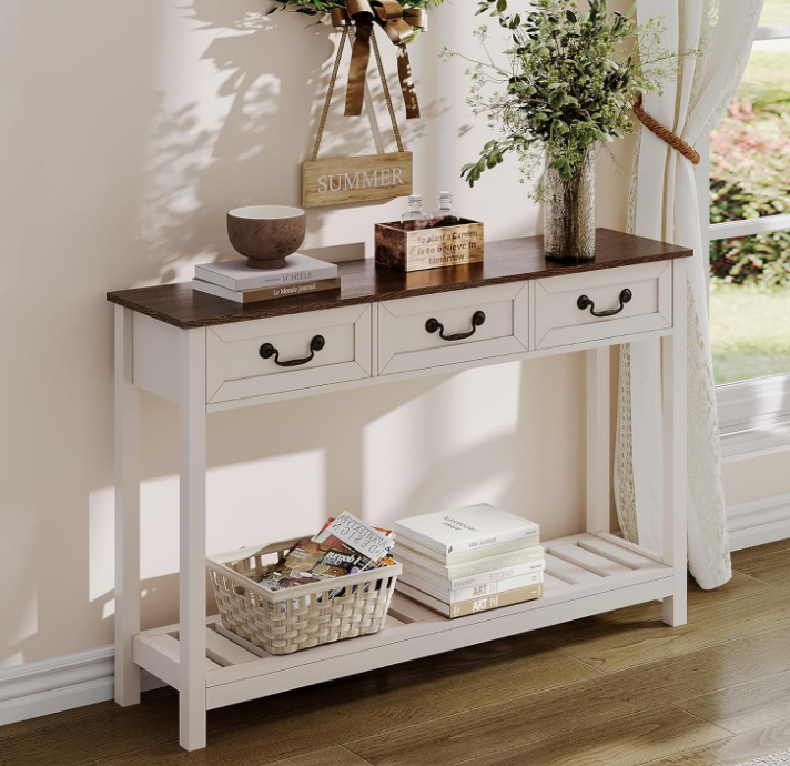 47" Farmhouse Console Table with 3 Drawers, Rustic Entryway Table, Narrow Long Sofa Table for Living Room, Hallway, Behind Couch, Soft White and Brown