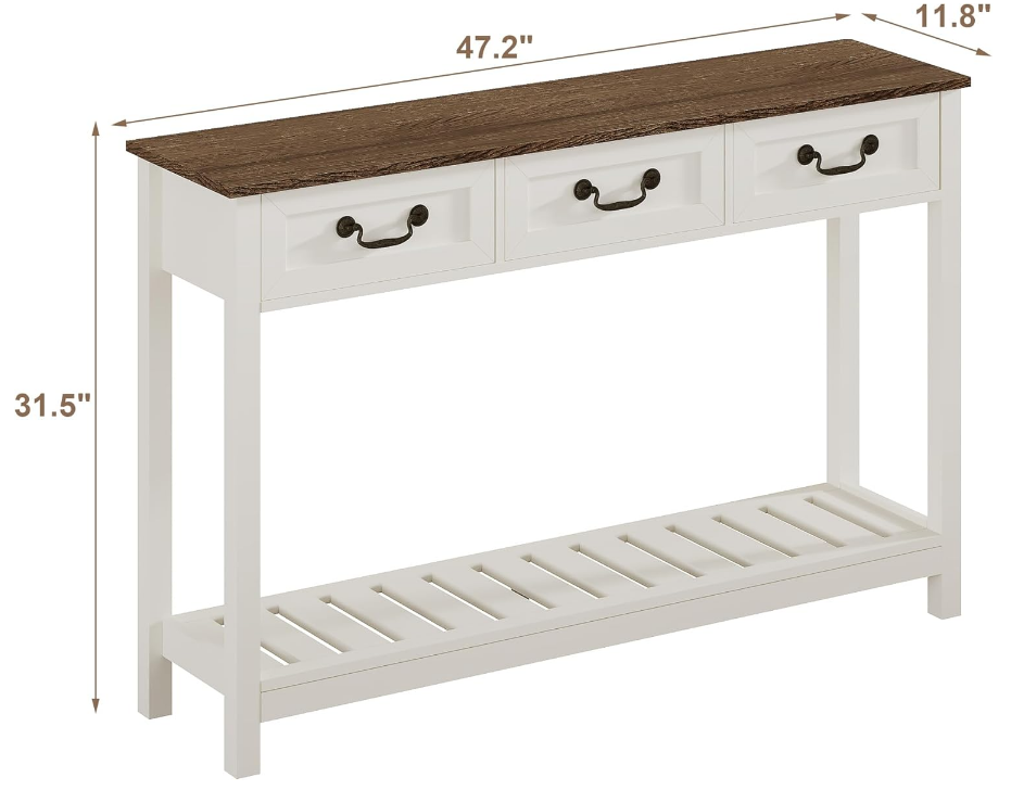 47" Farmhouse Console Table with 3 Drawers, Rustic Entryway Table, Narrow Long Sofa Table for Living Room, Hallway, Behind Couch, Soft White and Brown