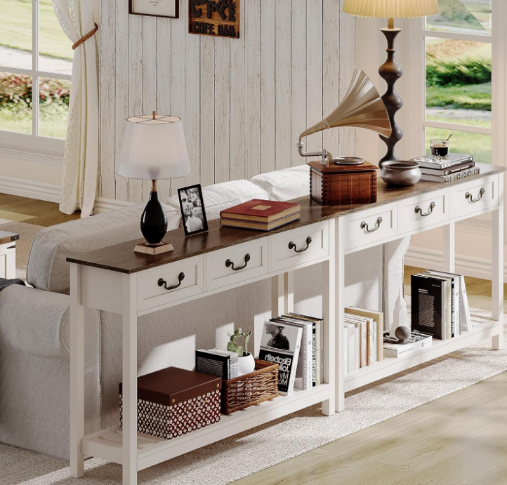 47" Farmhouse Console Table with 3 Drawers, Rustic Entryway Table, Narrow Long Sofa Table for Living Room, Hallway, Behind Couch, Soft White and Brown