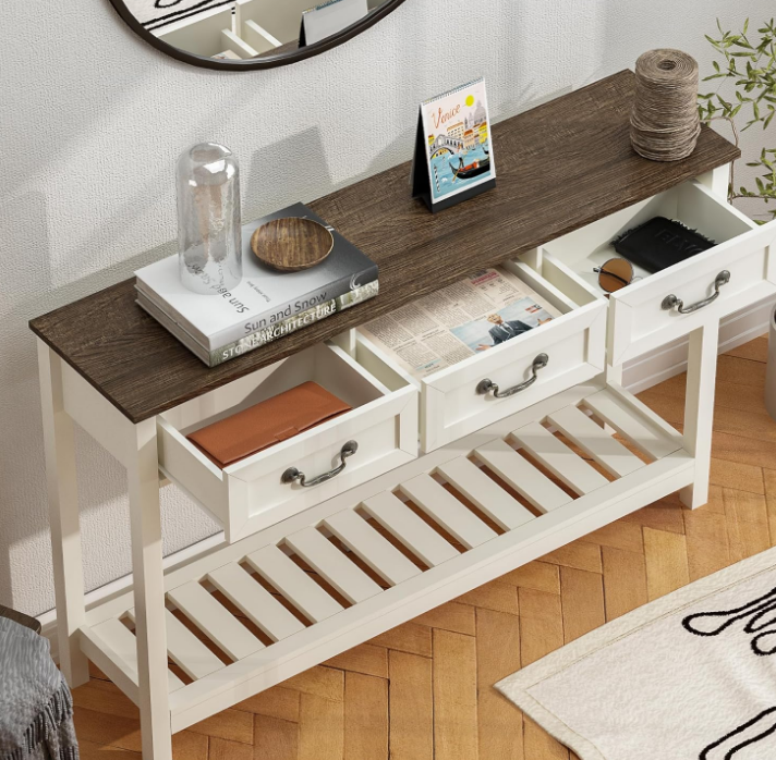 47" Farmhouse Console Table with 3 Drawers, Rustic Entryway Table, Narrow Long Sofa Table for Living Room, Hallway, Behind Couch, Soft White and Brown