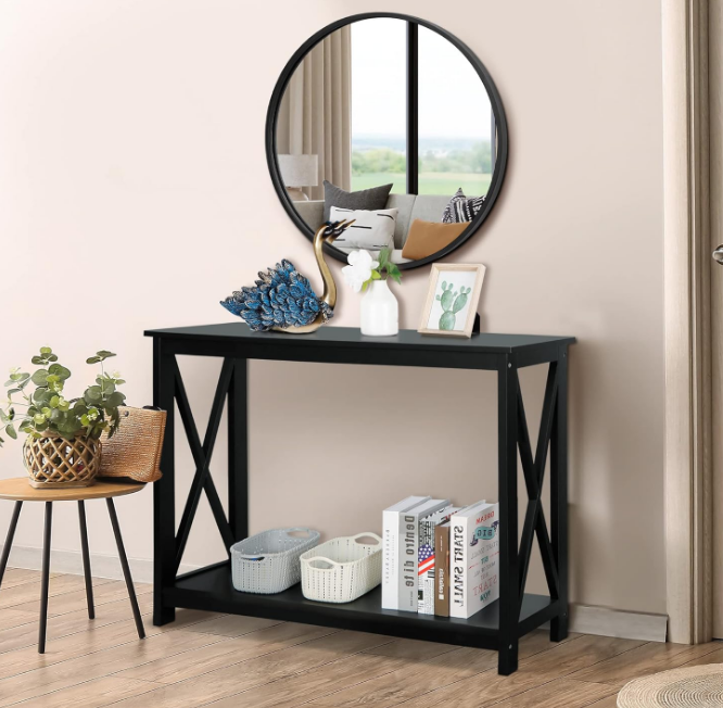 2-Tier Narrow Console Sofa Side Table for Entryway/Hallway/Living Room, 39.3in L x 11.8in W x 31.6in H, Black