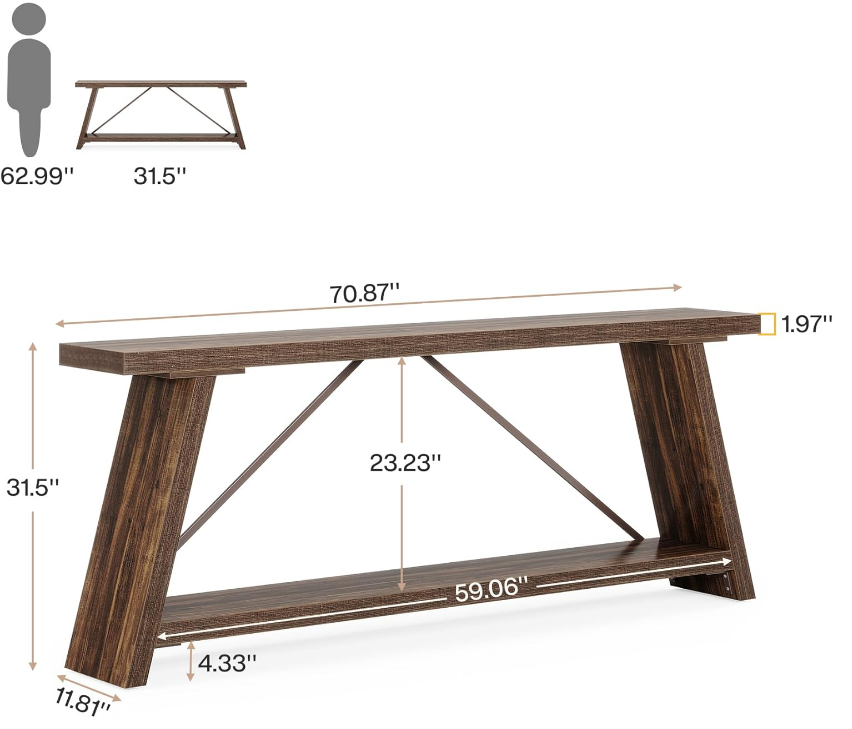 70.9 Inches Extra Long Sofa Table Behind Couch, Industrial Entry Console Table with Storage for Hallway, Entryway, Living Room, Dark Brown