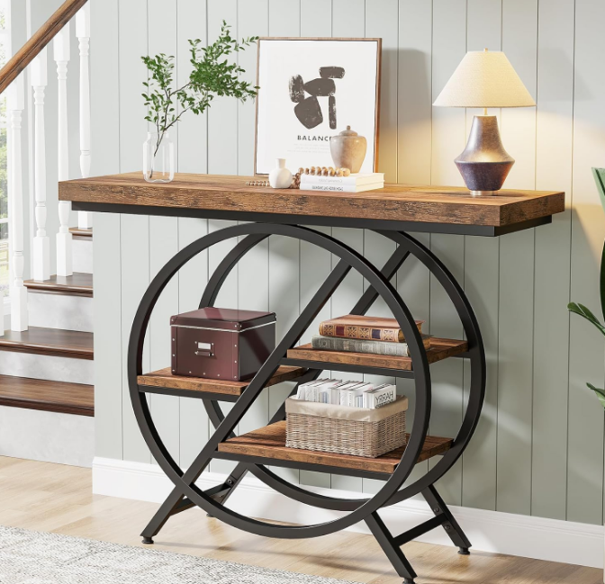 Console Table, 39.4-Inch Entryway Table with Thickened Tabletop, 4- Tier Industrial Narrow Hallway Sofa Table with Geometric Metal Frame for Living Room, Entryway, Rustic Brown