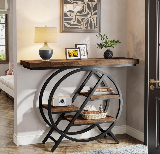 Console Table, 39.4-Inch Entryway Table with Thickened Tabletop, 4- Tier Industrial Narrow Hallway Sofa Table with Geometric Metal Frame for Living Room, Entryway, Rustic Brown