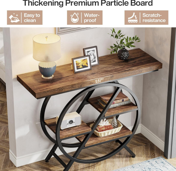 Console Table, 39.4-Inch Entryway Table with Thickened Tabletop, 4- Tier Industrial Narrow Hallway Sofa Table with Geometric Metal Frame for Living Room, Entryway, Rustic Brown