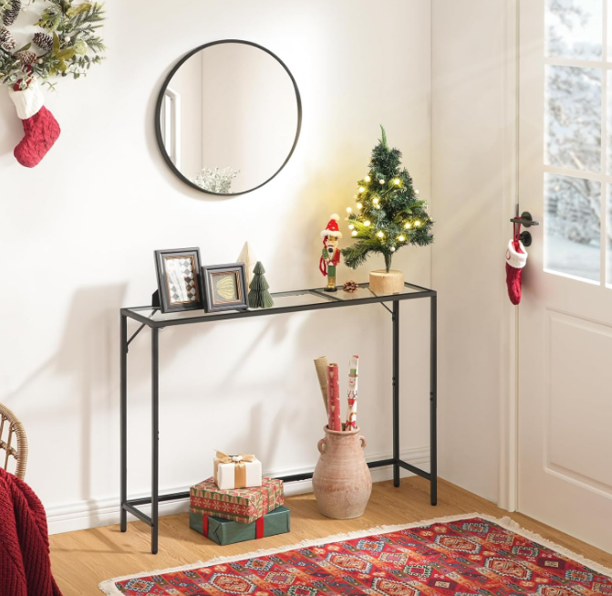 Console SofaTable, 40.2” Modern Sofa Table, Tempered Glass Hallway Table, Slim Couch Table, Narrow Sofa Table with Metal Frame, Easy to Install, for Entryway, Living Room, Black