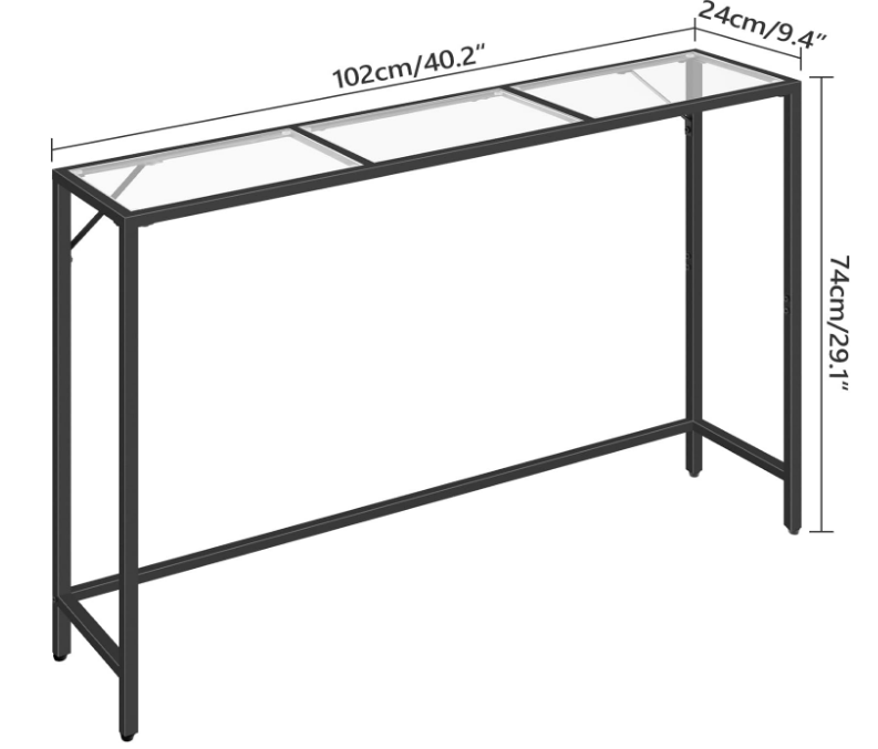 Console SofaTable, 40.2” Modern Sofa Table, Tempered Glass Hallway Table, Slim Couch Table, Narrow Sofa Table with Metal Frame, Easy to Install, for Entryway, Living Room, Black