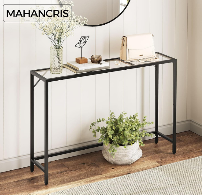 Console SofaTable, 40.2” Modern Sofa Table, Tempered Glass Hallway Table, Slim Couch Table, Narrow Sofa Table with Metal Frame, Easy to Install, for Entryway, Living Room, Black