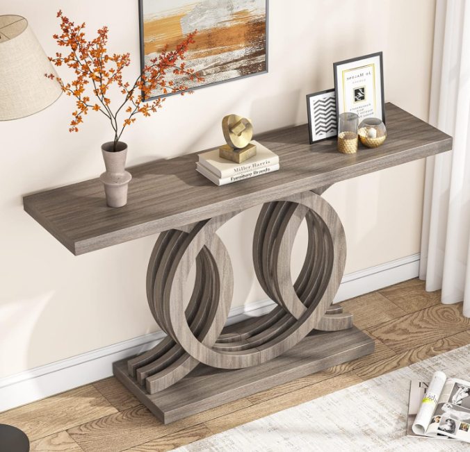 55 inches Console Table with Geometric Base, Farmhouse Hallway Table, Wooden Entryway Table, Vintage Sofa Table, Unique Long Accent Table for Decoration and Organization (Grey)