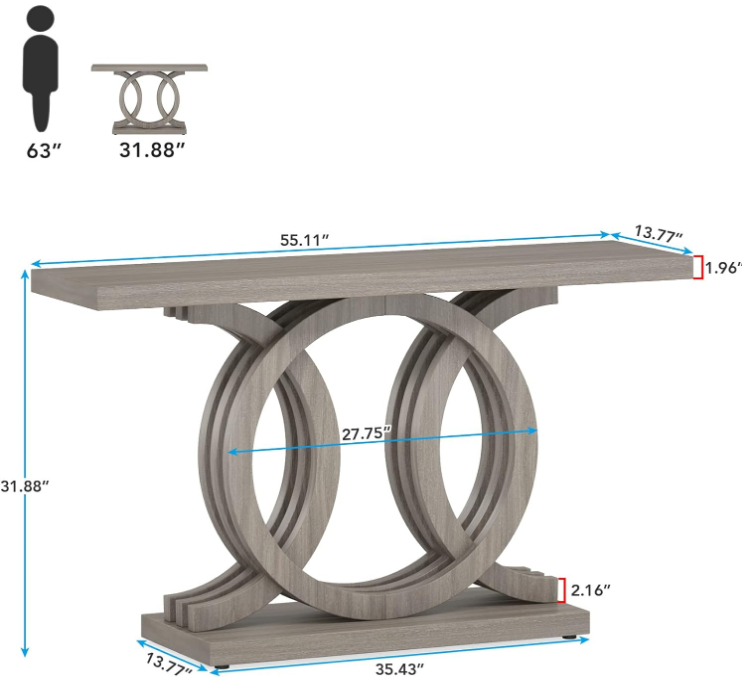 55 inches Console Table with Geometric Base, Farmhouse Hallway Table, Wooden Entryway Table, Vintage Sofa Table, Unique Long Accent Table for Decoration and Organization (Grey)