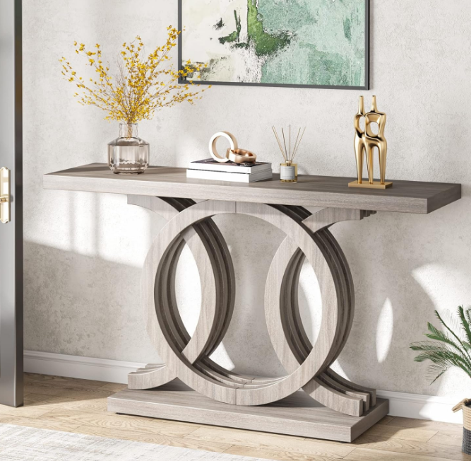55 inches Console Table with Geometric Base, Farmhouse Hallway Table, Wooden Entryway Table, Vintage Sofa Table, Unique Long Accent Table for Decoration and Organization (Grey)
