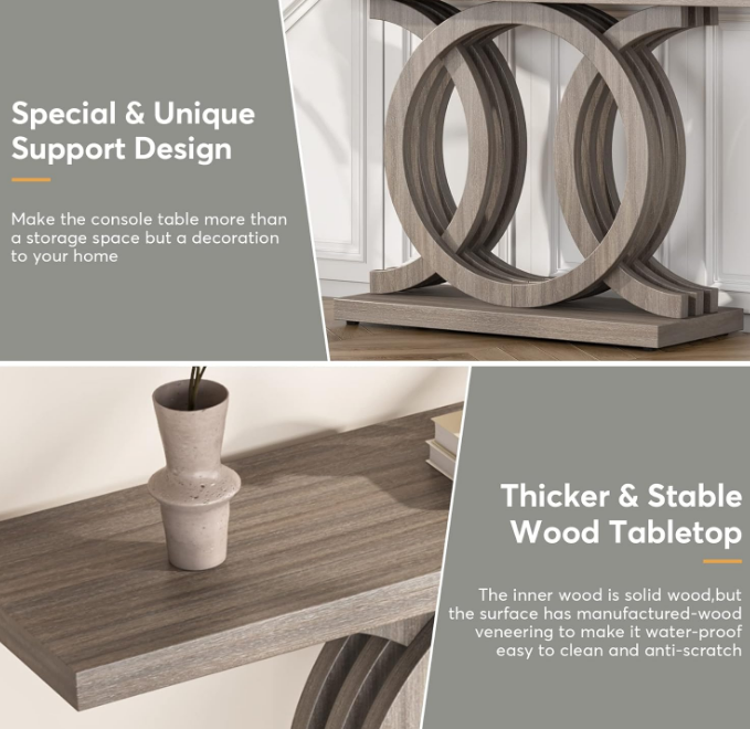 55 inches Console Table with Geometric Base, Farmhouse Hallway Table, Wooden Entryway Table, Vintage Sofa Table, Unique Long Accent Table for Decoration and Organization (Grey)